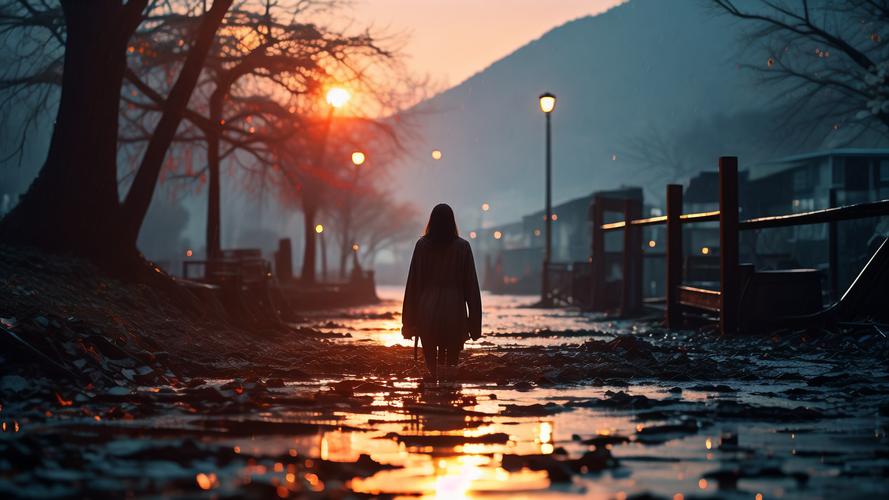 女生孤独的背影图片_夕阳下孤单的姑娘，影子长长的